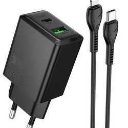 HOCO N71 NUEVO, ΣΕΤ ΓΡΗΓΟΡΗΣ ΦΟΡΤΙΣΗΣ, 30W, 2 ΘΥΡΕΣ, ΜΕ ΚΑΛΩΔΙΟ LIGHTNING, ΜΑΥΡΟ