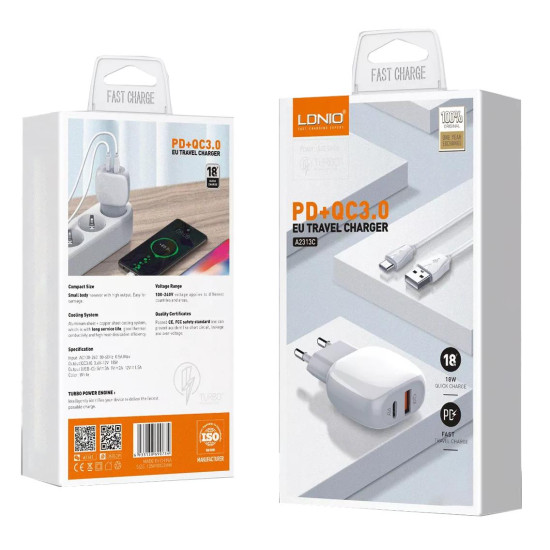 LDNIO A2313C ΦΟΡΤΙΣΤΗΣ QC3.0 + PD 18W ΜΕ ΚΑΛΩΔΙΟ LIGHTNING 1M
