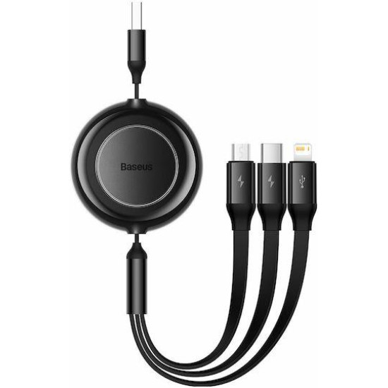 BASEUS BRIGHT MIRROR 2 SERIES, 3 ΣΕ 1, RETRACTABLE, TYPE-C + MICRO USB + LIGHTNING, 3.5A,  1.1M, ΜΑΥΡΟ
