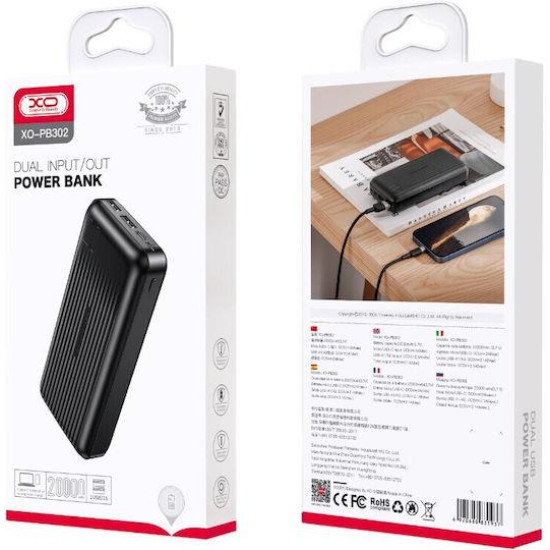 XO PB302, POWERBANK, ΜΕ LED ΟΘΟΝΗ, 20000mAh, ΜΑΥΡΟ