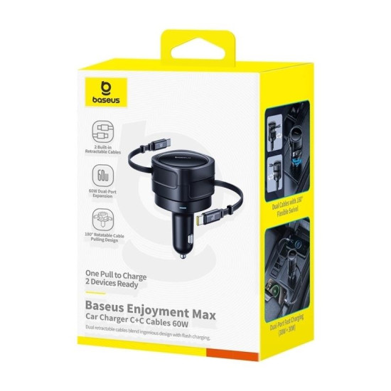 BASEUS ENJOYMENT MAX, ΦΟΡΤΙΣΤΗΣ ΑΥΤΟΚΙΝΗΤΟΥ, ΔΥΟ ΚΑΛΩΔΙΑ TYPE-C, 60W, ΜΑΥΡΟ
