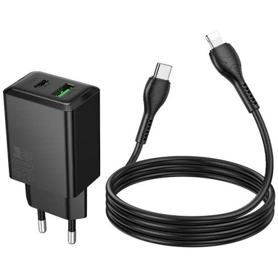 HOCO N71 NUEVO, ΣΕΤ ΓΡΗΓΟΡΗΣ ΦΟΡΤΙΣΗΣ, 30W, 2 ΘΥΡΕΣ, ΜΕ ΚΑΛΩΔΙΟ LIGHTNING, ΜΑΥΡΟ