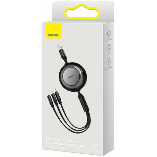 BASEUS BRIGHT MIRROR 2 SERIES, 3 ΣΕ 1, RETRACTABLE, TYPE-C + MICRO USB + LIGHTNING, 3.5A,  1.1M, ΜΑΥΡΟ
