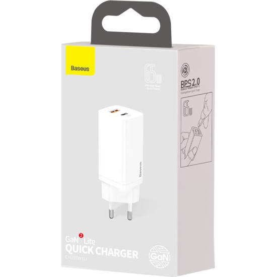 BASEUS GAN 2 LITE ΦΟΡΤΙΣΤΗΣ ΓΡΗΓΟΡΗΣ ΦΟΡΤΙΣΗΣ, 2 ΘΥΡΕΣ, 65W, ΛΕΥΚΟΣ