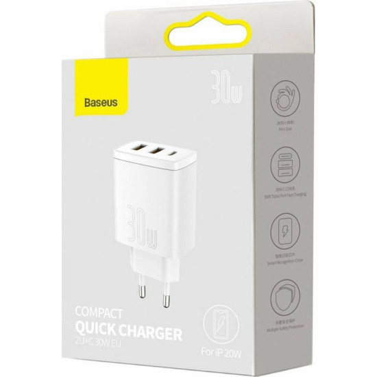 BASEUS COMPACT ΦΟΡΤΙΣΤΗΣ ΓΡΗΓΟΡΗΣ ΦΟΡΤΙΣΗΣ, 3 ΘΥΡΕΣ, 30W, ΛΕΥΚΟΣ