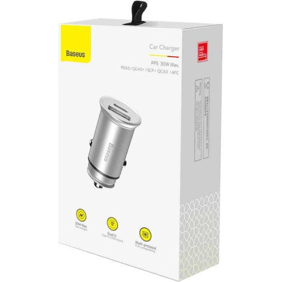 BASEUS CIRCULAR METAL, ΦΟΡΤΙΣΤΗΣ ΑΥΤΟΚΙΝΗΤΟΥ ΓΡΗΓΟΡΗΣ ΦΟΡΤΙΣΗΣ, 2 ΘΥΡΕΣ, 30W, ΑΣΗΜΙ