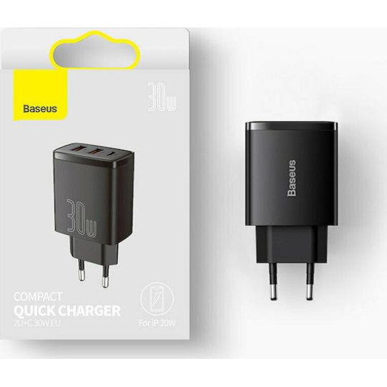 BASEUS COMPACT, ΦΟΡΤΙΣΤΗΣ ΓΡΗΓΟΡΗΣ ΦΟΡΤΙΣΗΣ, 3 ΘΥΡΕΣ, 30W, ΜΑΥΡΟΣ