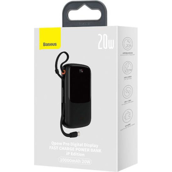 BASEUS QPOW PRO, POWERBANK, 10000MAh, ΜΕ ΚΑΛΩΔΙΟ LIGHTNING, 20W, ΜΕ ΨΗΦΙΑΚΗ ΟΘΟΝΗ, ΜΑΥΡΟ