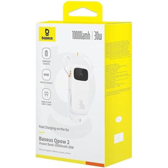 BASEUS QPOW2, POWERBANK, 10000MAh, ΜΕ 2 ΚΑΛΩΔΙΑ TYPE-C, 30W, ΜΕ ΨΗΦΙΑΚΗ ΟΘΟΝΗ, ΛΕΥΚΟ BASEUS QPOW2, POWERBANK, 10000MAh, ΜΕ 2 ΚΑΛΩΔΙΑ TYPE-C, 30W, ΜΕ ΨΗΦΙΑΚΗ ΟΘΟΝΗ, ΛΕΥΚΟ