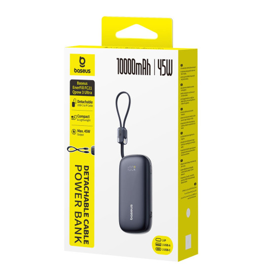 BASEUS ENERFILL FC21 QPOW3 ULTRA, POWERBANK, 10000MAh, ΜΕ ΚΑΛΩΔΙΟ ΑΠΟΣΠΩΜΕΝΟ LIGHTNING, 45W, ΜΕ ΨΗΦΙΑΚΗ ΟΘΟΝΗ, ΜΑΥΡΟ