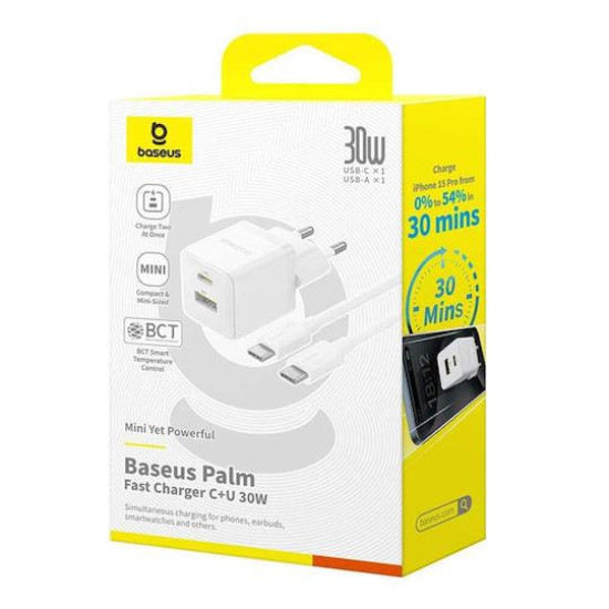 BASEUS PALM ΦΟΡΤΙΣΤΗΣ ΓΡΗΓΟΡΗΣ ΦΟΡΤΙΣΗΣ, 2 ΘΥΡΕΣ, ΜΕ ΚΑΛΩΔΙΟ TYPE-C ΣΕ TYPE-C, 30W, ΛΕΥΚΟΣ BASEUS PALM ΦΟΡΤΙΣΤΗΣ ΓΡΗΓΟΡΗΣ ΦΟΡΤΙΣΗΣ, 2 ΘΥΡΕΣ, ΜΕ ΚΑΛΩΔΙΟ TYPE-C ΣΕ TYPE-C, 30W, ΛΕΥΚΟΣ