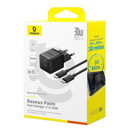 BASEUS PALM ΦΟΡΤΙΣΤΗΣ ΓΡΗΓΟΡΗΣ ΦΟΡΤΙΣΗΣ, 2 ΘΥΡΕΣ, ΜΕ ΚΑΛΩΔΙΟ TYPE-C ΣΕ TYPE-C, 30W, ΜΑΥΡΟΣ