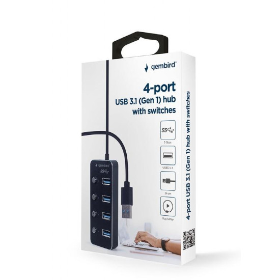 GEMBIRD USB HUB 3.1 ΜΕ ΔΙΑΚΟΠΤΕΣ, 4 PORT, ΜΑΥΡΟ