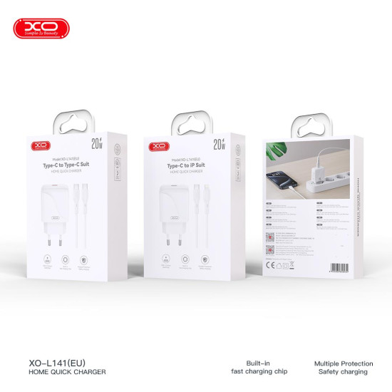 XO L141 ΦΟΡΤΙΣΤΗΣ 20W, 1 ΘΥΡΑ TYPE-C ΜΕ ΚΑΛΩΔΙΟ PD ΣΕ TYPE-C, ΛΕΥΚΟΣ