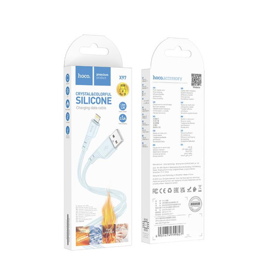 HOCO X97 CRYSTAL COLOR SILICONE CHARGING ΚΑΛΩΔΙΟ ΦΟΡΤΙΣΗΣ, LIGHTNING, ΜΠΛΕ