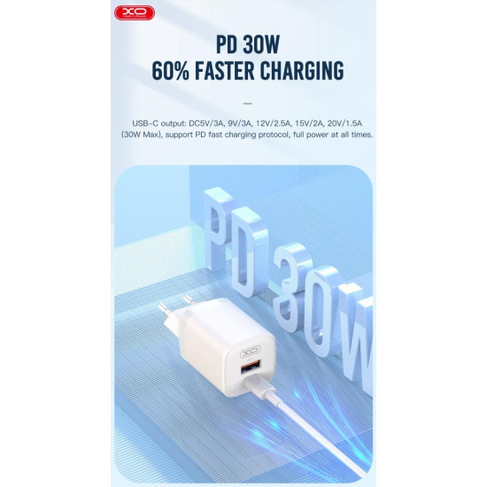 XO L96(EU) QUICK CHARGER (PD30W / USB QC18W) ΜΕ ΚΑΛΩΔΙΟ LIGHTNING