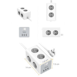 TESSAN TS306 ΠΟΛΥΜΠΡΙΖΟ 6 ΘΕΣΕΩΝ, 3 USB, ΓΚΡΙ/ΛΕΥΚΟ