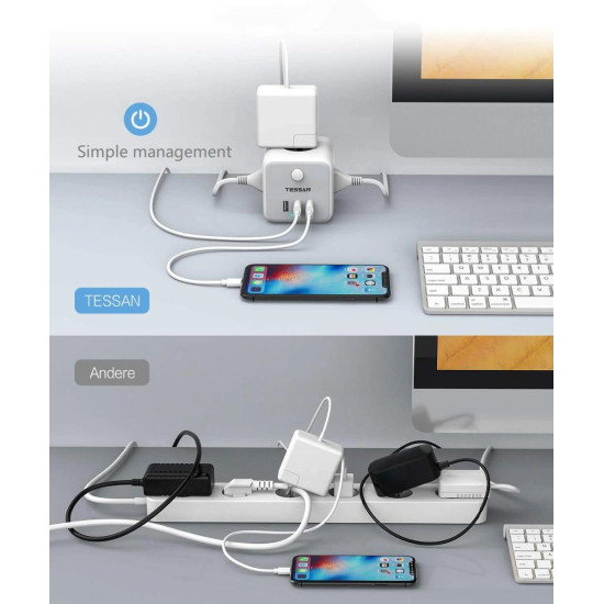 TESSAN TS301 ΠΟΛΥΜΠΡΙΖΟ 3 ΘΕΣΕΩΝ, 3 USB, ΓΚΡΙ/ΛΕΥΚΟ