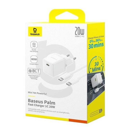 BASEUS PALM ΦΟΡΤΙΣΤΗΣ ΓΡΗΓΟΡΗΣ ΦΟΡΤΙΣΗΣ, 1 ΘΥΡA, ΠΕΡΙΛΑΜΒΑΝΕΙ ΚΑΛΩΔΙΟ TYPE-C ΣΕ TYPE-C, 20W, ΛΕΥΚΟΣ BASEUS PALM ΦΟΡΤΙΣΤΗΣ ΓΡΗΓΟΡΗΣ ΦΟΡΤΙΣΗΣ, 1 ΘΥΡA, ΠΕΡΙΛΑΜΒΑΝΕΙ ΚΑΛΩΔΙΟ TYPE-C ΣΕ TYPE-C, 20W, ΛΕΥΚΟΣ