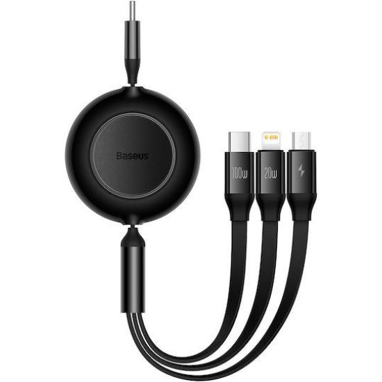 BASEUS BRIGHT MIRROR 2 SERIES, 3 ΣΕ 1, RETRACTABLE, TYPE-C + MICRO USB + LIGHTNING, 100w, 1.1m, ΜΑΥΡΟ BASEUS BRIGHT MIRROR 2 SERIES, 3 ΣΕ 1, RETRACTABLE, TYPE-C + MICRO USB + LIGHTNING, 100w, 1.1m, ΜΑΥΡΟ