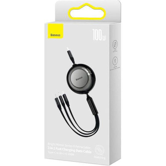 BASEUS BRIGHT MIRROR 2 SERIES, 3 ΣΕ 1, RETRACTABLE, TYPE-C + MICRO USB + LIGHTNING, 100w, 1.1m, ΜΑΥΡΟ BASEUS BRIGHT MIRROR 2 SERIES, 3 ΣΕ 1, RETRACTABLE, TYPE-C + MICRO USB + LIGHTNING, 100w, 1.1m, ΜΑΥΡΟ