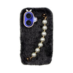 Vivid Fluffy Plush Case with Pearl Chain Apple iPhone 16 Grey/Black