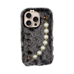 Vivid Fluffy Plush Case with Pearl Chain Apple iPhone 16 Pro Grey/Black