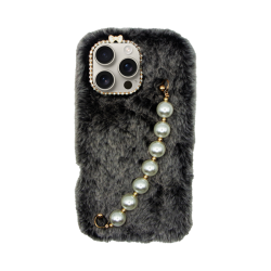 Vivid Fluffy Plush Case with Pearl Chain Apple iPhone 16 Pro Max Grey/Black
