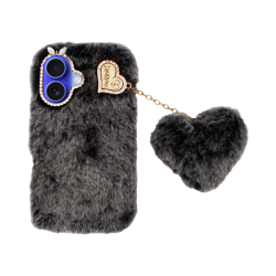 Vivid Fluffy Plush Case with Heart-Shaped Chain Apple iPhone 16 Grey/Black
