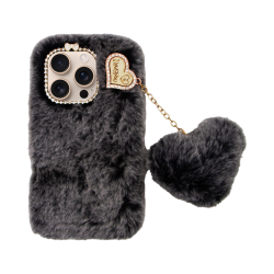 Vivid Fluffy Plush Case with Heart-Shaped Chain Apple iPhone 16 Pro Grey/Black