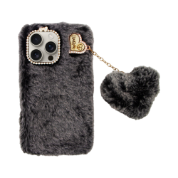 Vivid Fluffy Plush Case with Heart-Shaped Chain Apple iPhone 16 Pro Max Grey/Black