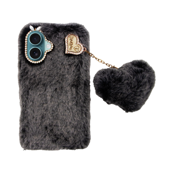 Vivid Fluffy Plush Case with Heart-Shaped Chain Apple iPhone 16 Plus Grey/Black Vivid Fluffy Plush Case with Heart-Shaped Chain Apple iPhone 16 Plus Grey/Black