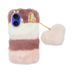 Vivid Fluffy Plush Case with Heart-Shaped Chain Apple iPhone 16 Pink