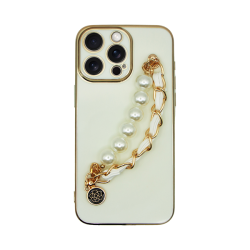 Vivid Silicone Case Pearl Chain Holder Apple iPhone 13 Pro White/Gold
