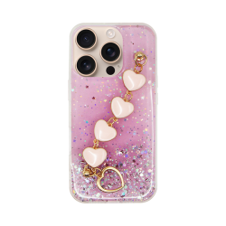 Vivid Glitter Case with Heart Chain Hand Strap Apple iPhone 16 Pro Pink