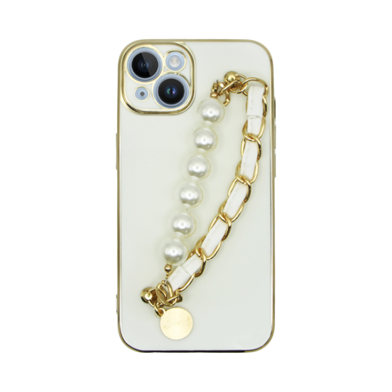 Vivid Silicone Case Pearl Chain Holder Apple iPhone 14 White/Gold Vivid Silicone Case Pearl Chain Holder Apple iPhone 14 White/Gold
