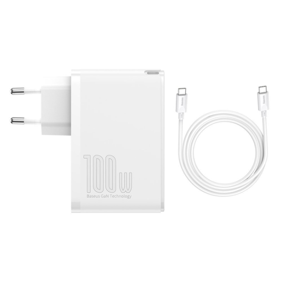 Baseus Travel Charger GaN2 Pro 2xType-C/2xUSB 100W + Cable Type-C 100W White