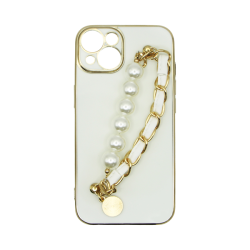 Vivid Silicone Case Pearl Chain Holder Apple iPhone 13 White/Gold Vivid Silicone Case Pearl Chain Holder Apple iPhone 13 White/Gold