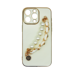 Vivid Silicone Case Pearl Chain Holder Apple iPhone 15 Pro White/Gold