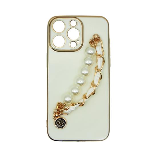 Vivid Silicone Case Pearl Chain Holder Apple iPhone 13 Pro Max White/Gold Vivid Silicone Case Pearl Chain Holder Apple iPhone 13 Pro Max White/Gold