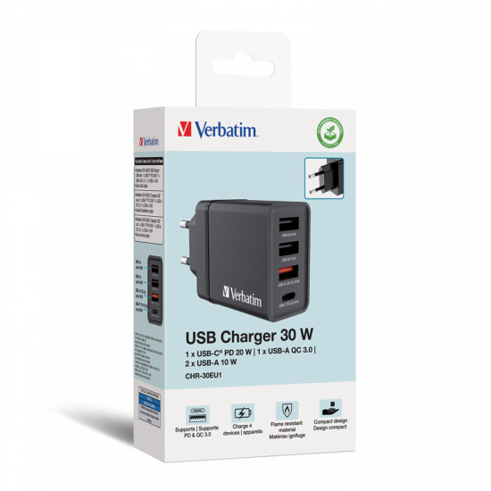 Verbatim CHR-30EU1 GaN Charger 4 Port 30W USB AC Verbatim CHR-30EU1 GaN Charger 4 Port 30W USB AC